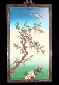 An exquisite zitanwood painted and painted hanging screen with inlaid gems and landscapes, flowers