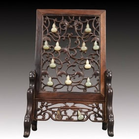 An Exquisite Eaglewood Inlaid White Jade Gourd Screen