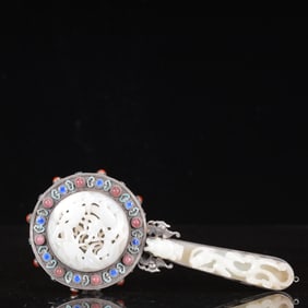 An Exquisite Silver Inlaid White Jade Crane Mirror,Inlaid Gems