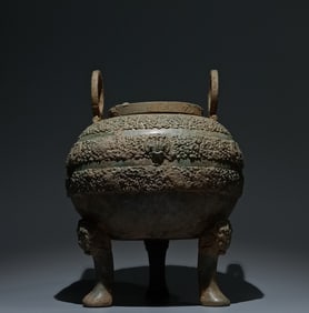 An Archaic Bronze Coiled Chi-Dragon Pattern Double-Ears and Tripod Food Vessel