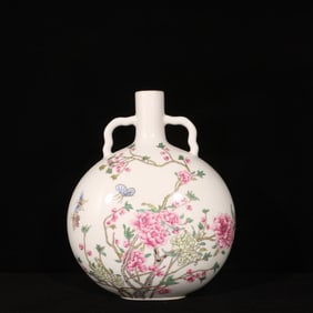 An Exquisite Enamel Painted Gold Flower and Butterfly Pattern Double-Ears Vase,With Poem