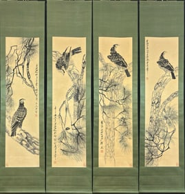 A Set of Chinese Vertical Scroll Ink Painting of Pine and Eagle on Paper,Qi Baishi