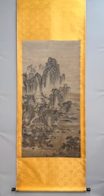 A Chinese Vertical Scroll Ink Painting of Landscape and Figure on Paper,Chou Ying