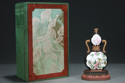 An Exquisite Black Glazed Famille-Rose Painted Gold Flower and Bird Pattern Double-Ears Gourd-Shaped