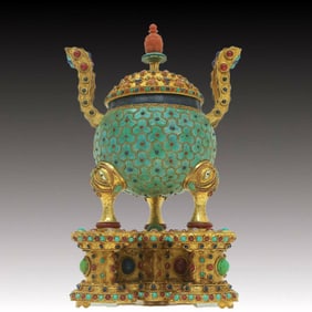 A Brilliant Gilt-Bronze Gem-Inlaid Tripod Censer And Cover