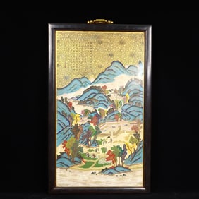 A Huge ZitanwoodInlaid Cloisonne Landscape and Figure Pattern Hanging Panel,With Poem