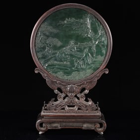 A Huge Zitanwood Inlaid Jasper Landscape and Figure Pattern Table Screen,With Poem