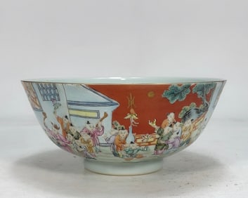 An Exquisite Coral Red Glazed Famille-Rose Figure and Story Pattern Bowl