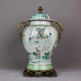 A Huge Wucai Figure and Story Pattern Inlaid Bronze Flower Double-Ears Jar with Cover?with Poem