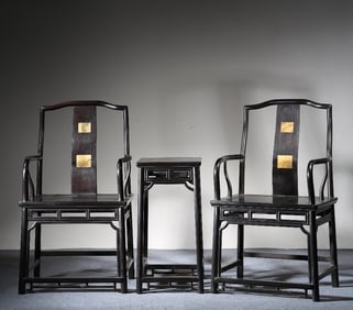 A Set of Zitanwood Inlaid Marble Table and Armchair