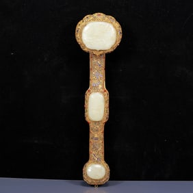 A Huge White Jade Inlaid silver-gilt Eight Treasures Pattern Ruyi