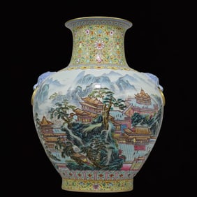 A Huge Famille-Rose Landscape Pattern Beast-Ears Vase