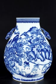A Huge Blue and White Pine and Deer Pattern Deer-Ears Vase