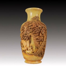 A Rare Shoushan Stone Deer and Crane Pattern Vase