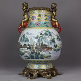 A Huge Famille-Rose Landscape Pattern Inlaid Bronze Figure Double-Ears Vase,with Poem