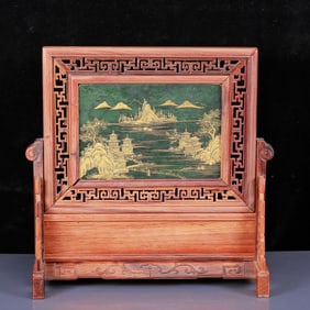 A Rare Jasper Painted Gold Landscape and Figure Pattern Table Screen