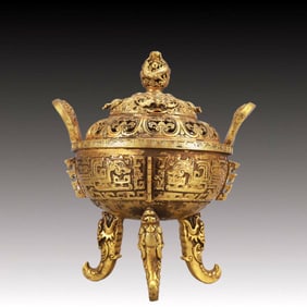 A Rare Gilt Bronze Dragon Pattern Double-Ears and Tripod Censer