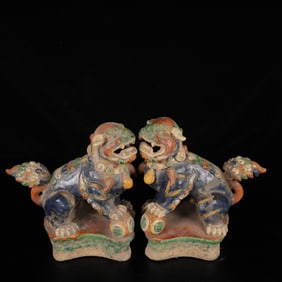 A Pair of Exquisite Tang Tri-Color Glazed Pottery Lion Ornaments