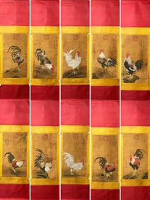 A Set of Chinese Vertical Scroll Ink Painting of Rooster on Silk