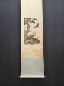 A Chinese Vertical Scroll Ink Painting of Deer on Paper