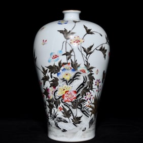 A Rare Famille-Rose Flower and Butterfly Pattern Vase, With Poem