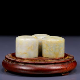 A Set of Fine Greenish Jade  Painted Gold poem Rings