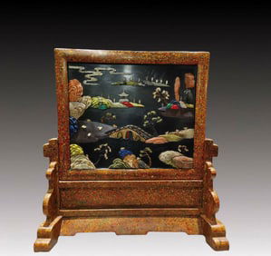 A Huge Yellow Lacquer Landscape Pattern Screen, Inlaid Gems