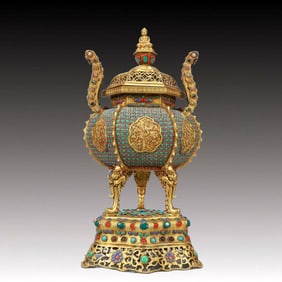 A Rare Gilt Bronze Flower and Bird Pattern Double-Ears and Tripod Censer,Inlaid Turquoise