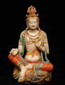 A Solemn Marble Painted Color Statue of Avalokitesvara