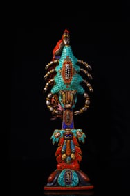 A Rare Bronze Inlaid Dzi Bead and Turquoise Ritual Implement