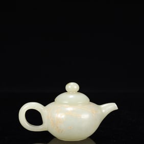 An Exquisite White Jade Painted Gold Flower Pattern Teapot,With Poem