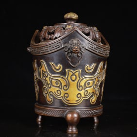 A Rare Bronze Beast-Face Pattern Double-Ears and Tripod Censer