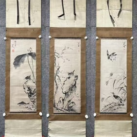 A Set of Chinese Vertical Scroll Ink Painting of Flower and Bird on Paper