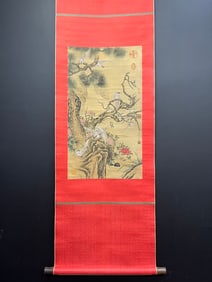 A Chinese Vertical Scroll Ink Painting of Flower and Bird on Silk