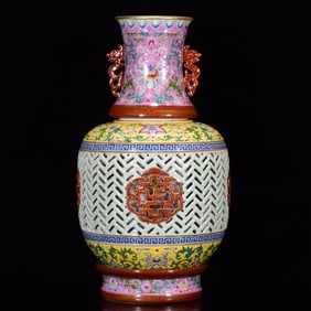 A Huge Enamel Hollow Lotus Pattern Double-Ears Vase