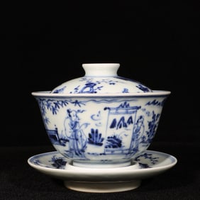An Exquisite Blue and White Figure and Story Pattern Bowl with Cover