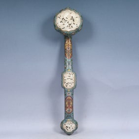A Huge Cloisonne Inlaid White Jade Flower and Bird Pattern Ruyi