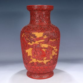 A Huge Carved Red Lacquer Landscape and Figure Pattern Vase