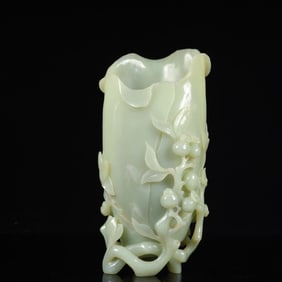 An Exquisite Greenish Jade Flower and Fruit Pattern Vase