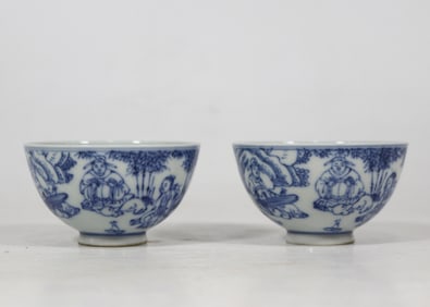 A Pair of Exquisite Blue and White Figure and Story Pattern Cups
