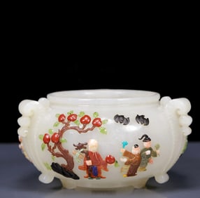 An Exquisite White Jade Inlaid Gems Character and Story Pattern Brush Washer