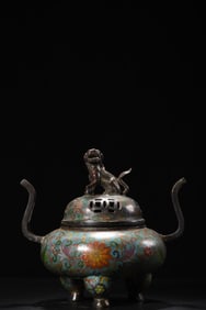 An Exquisite Cloisonne Lotus Pattern Lion Double-Ears and Tripod Censer