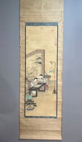 A Chinese Vertical Scroll Ink Painting of Figure and Story on Silk