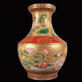 An Exquisite Enamel Gold Ground Flower and Mandarin Duck Pattern Vase