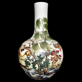 A Rare Famille-Rose Pine and Horse Pattern Vase