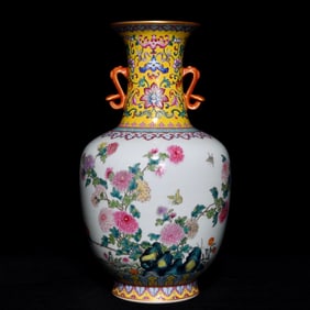 A Rare Famille-Rose Flower and Butterfly Pattern Double-Ears Vase