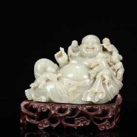 An Exquisite White Jade Statue of Maitreya Buddha,With Base