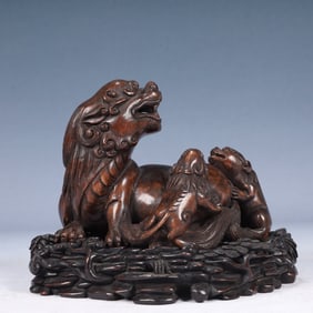 An Exquisite Redwood Lion Ornament,With Base