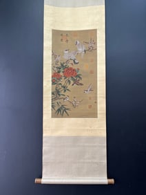 A Chinese Vertical Scroll Ink Painting of Flower and Bird on Silk