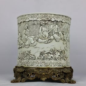 An Exquisite White Glazed Figure and Story Pattern Inlaid Bronze Brush Pot